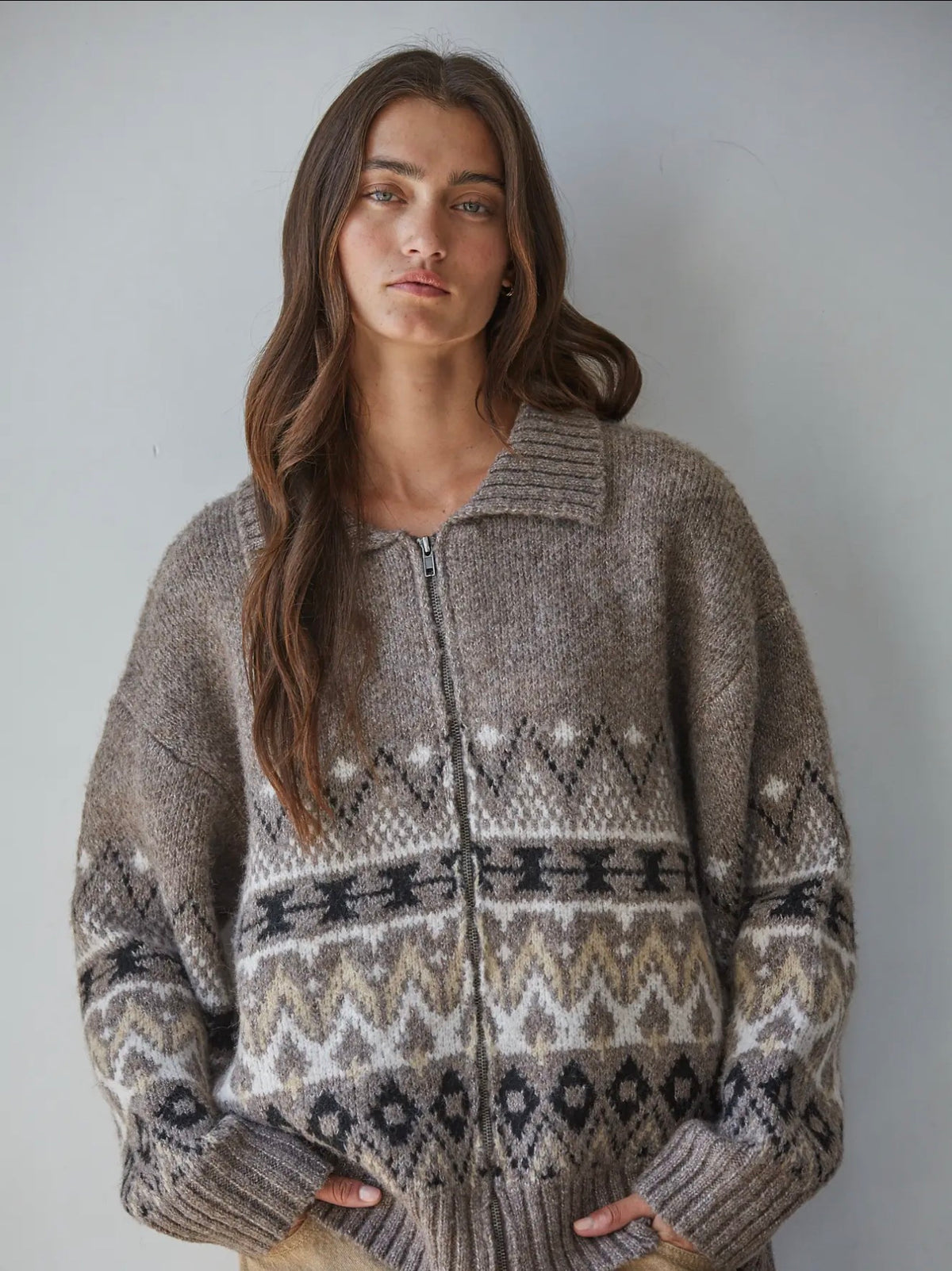 Heather Mocha Cream Zip Sweater