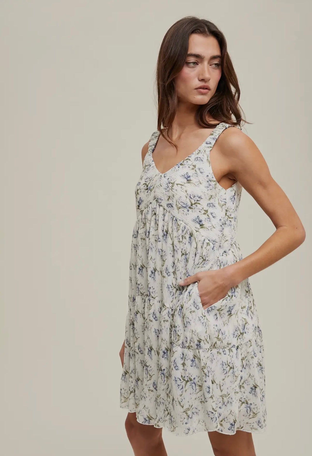 Pleaded Floral Mini Dress