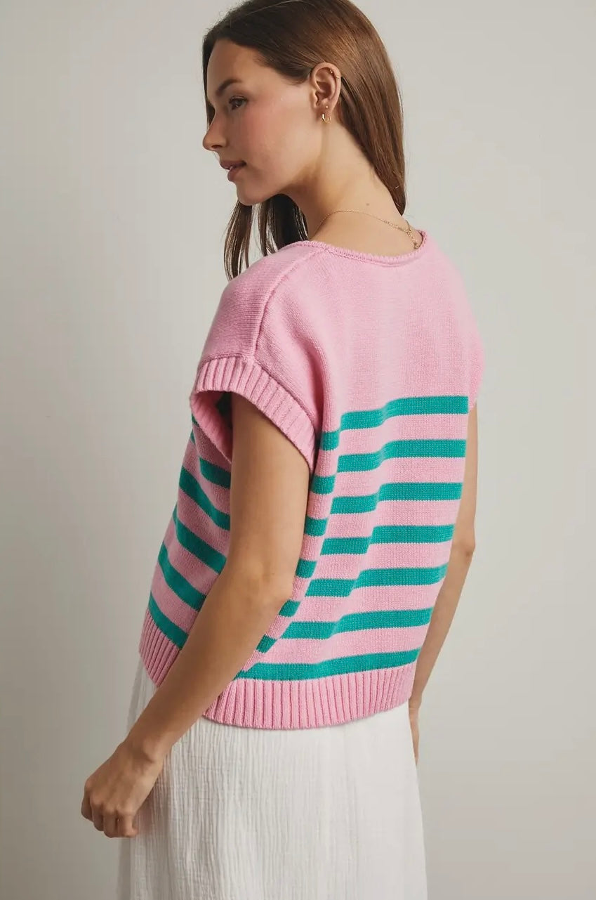 Striped Front Tie Sweater Top Pink + Green