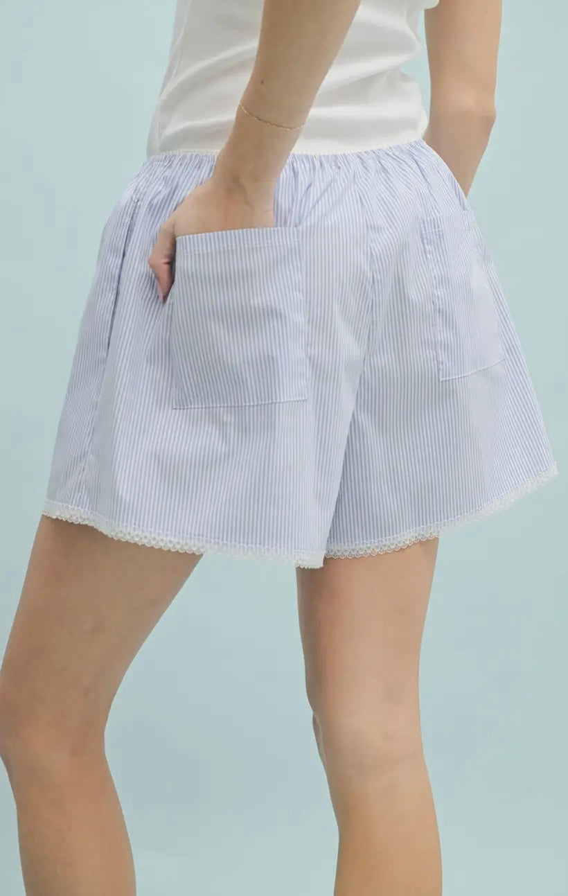 Stripped Lace Detail Shorts Blue
