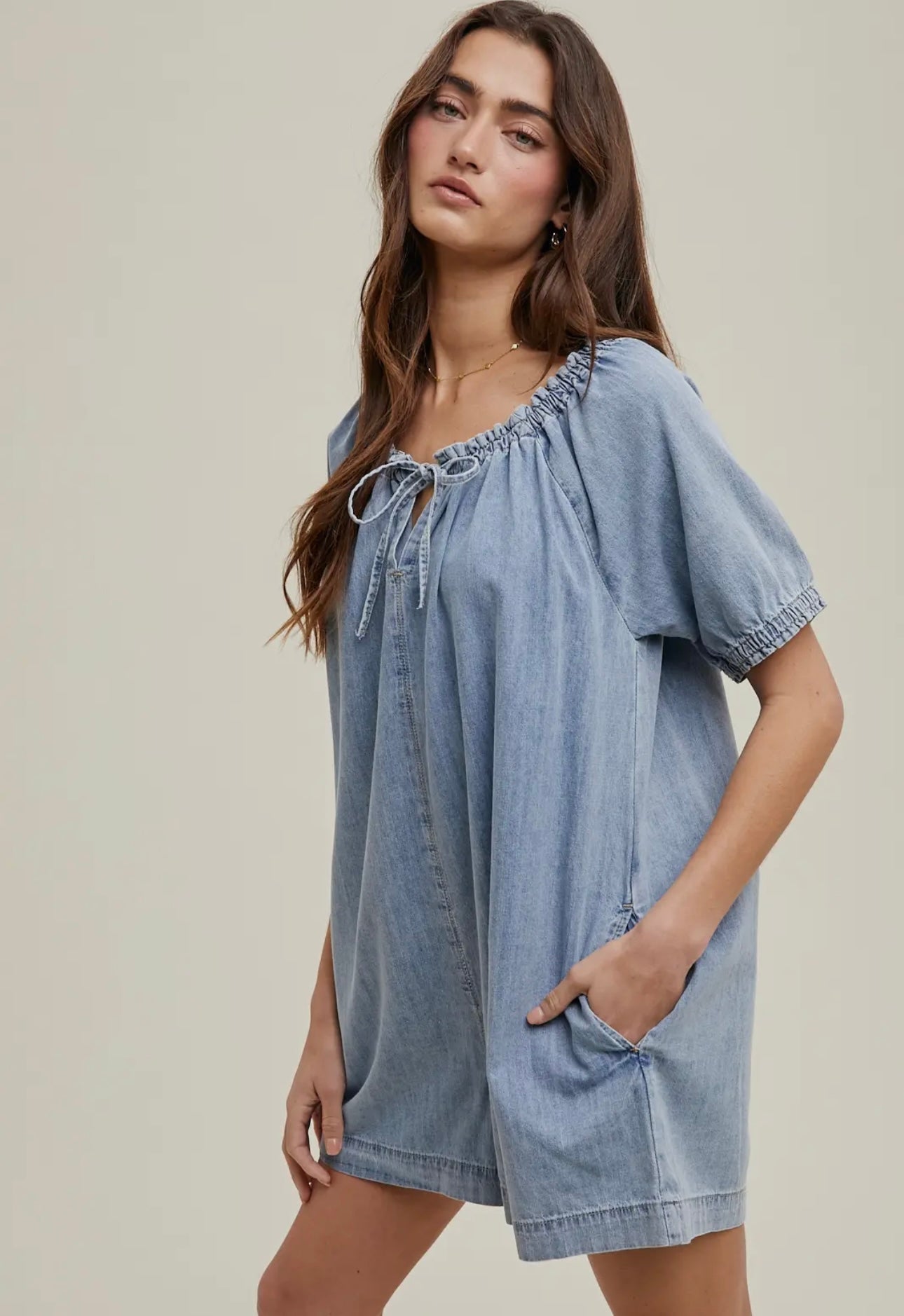 Puff Sleeve Denim Romper