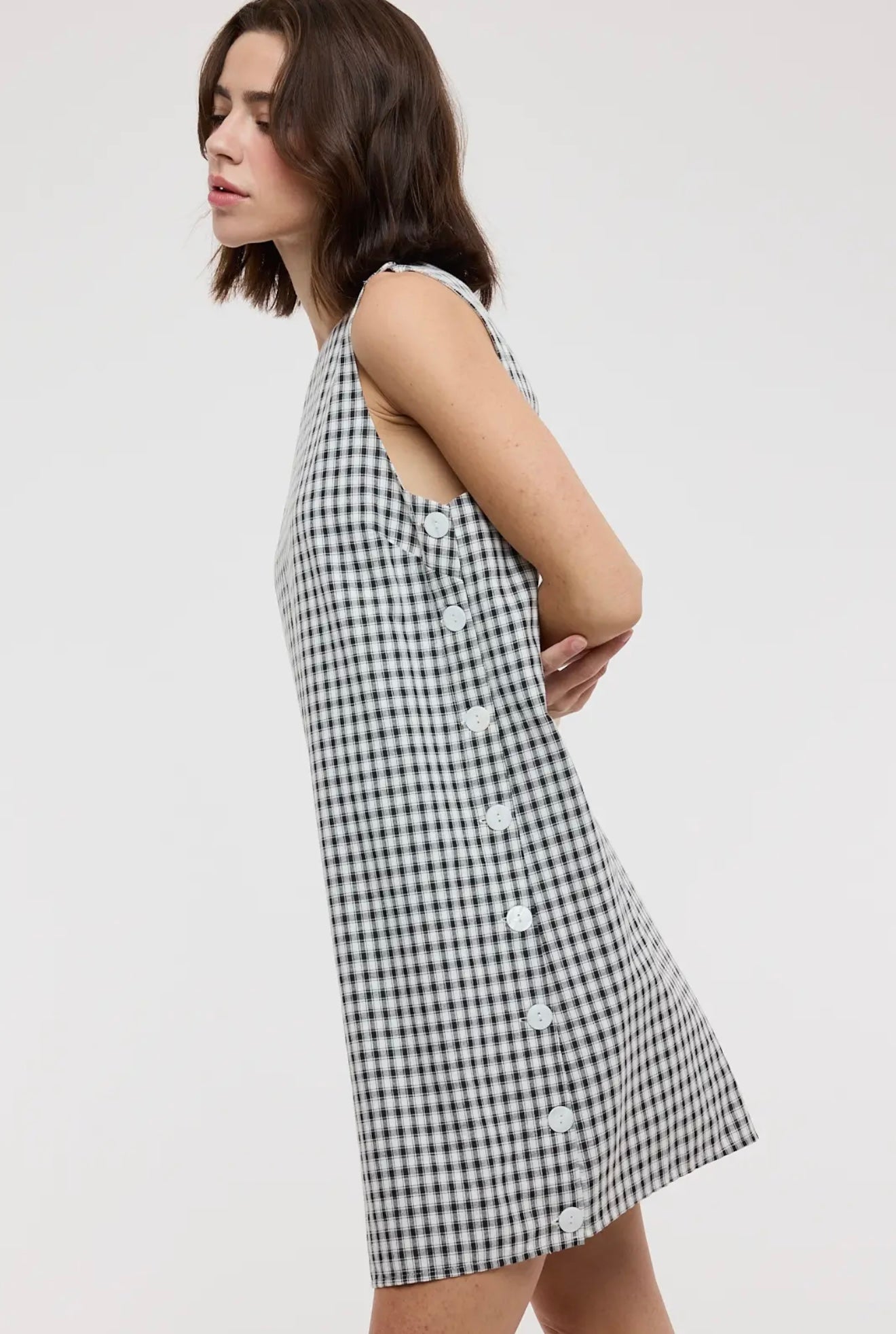 Black + White Plaid Button Dress