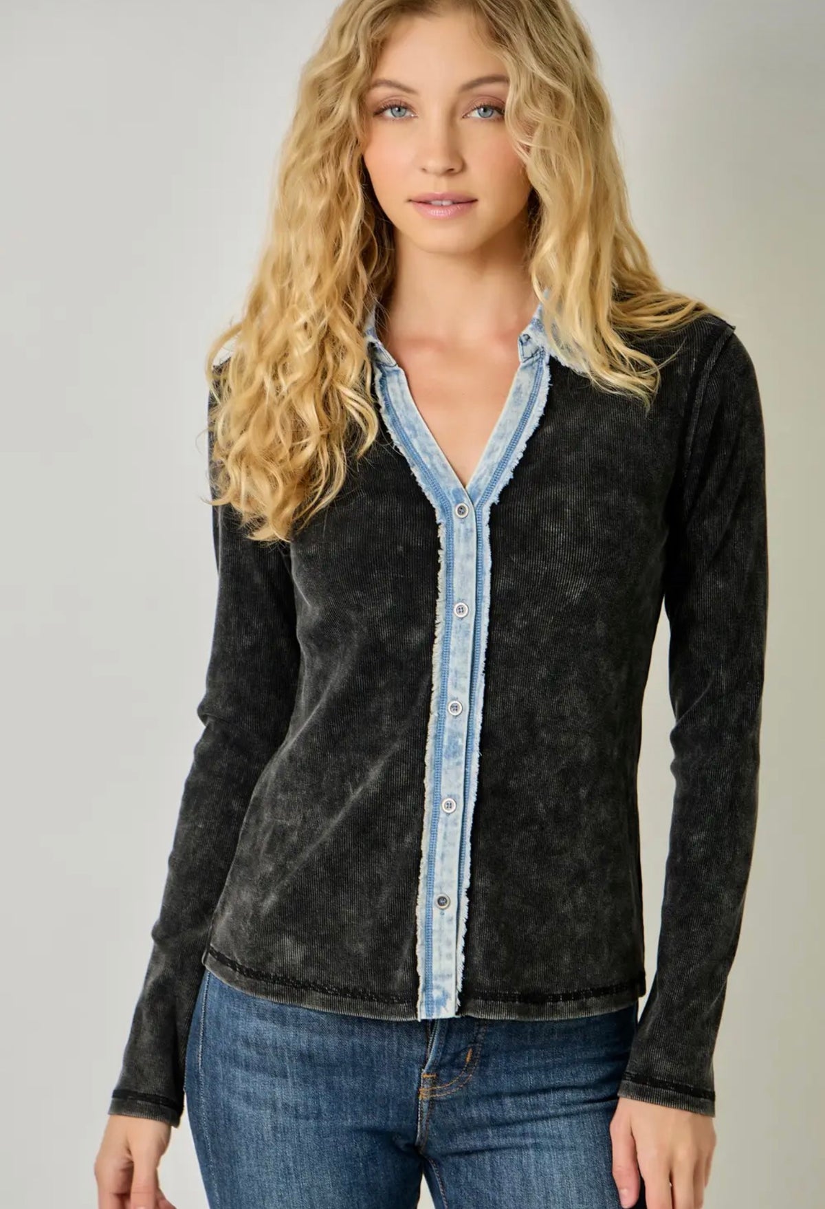 Washed Thermal Button Down Black