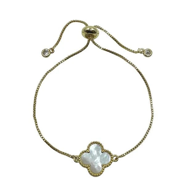 Clover Charm on Plated Gold Pull Chain Bracelet: Mother of Pearl