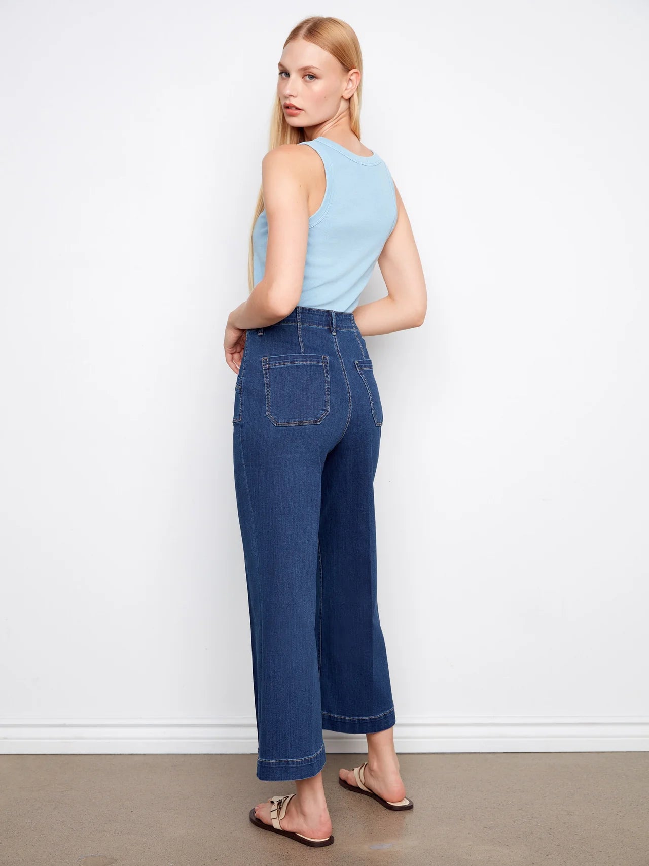 Cropped Wide Leg Stretch Jeans - Indigo