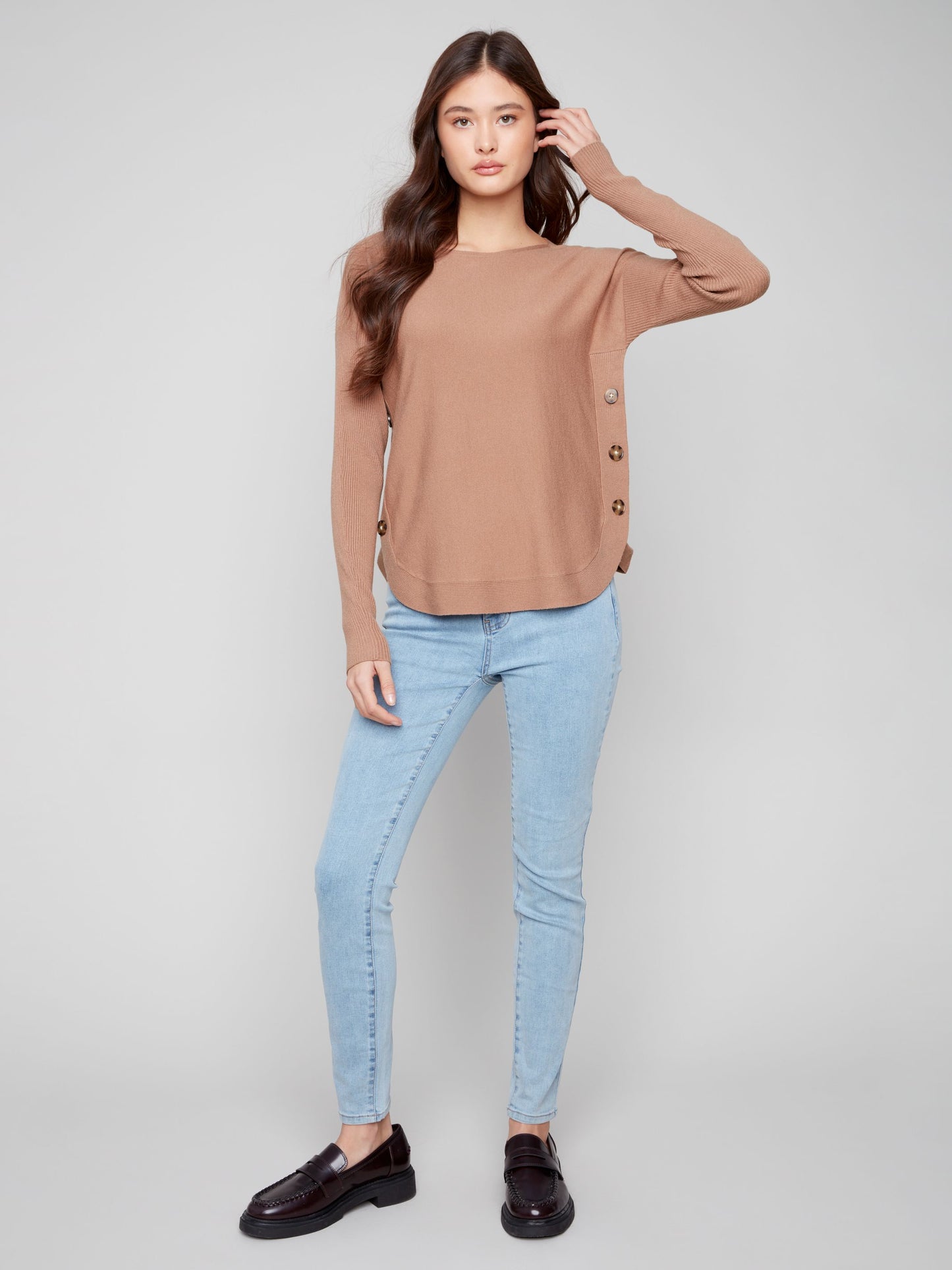 Long Sleeve Boat Neck Side Button Detail