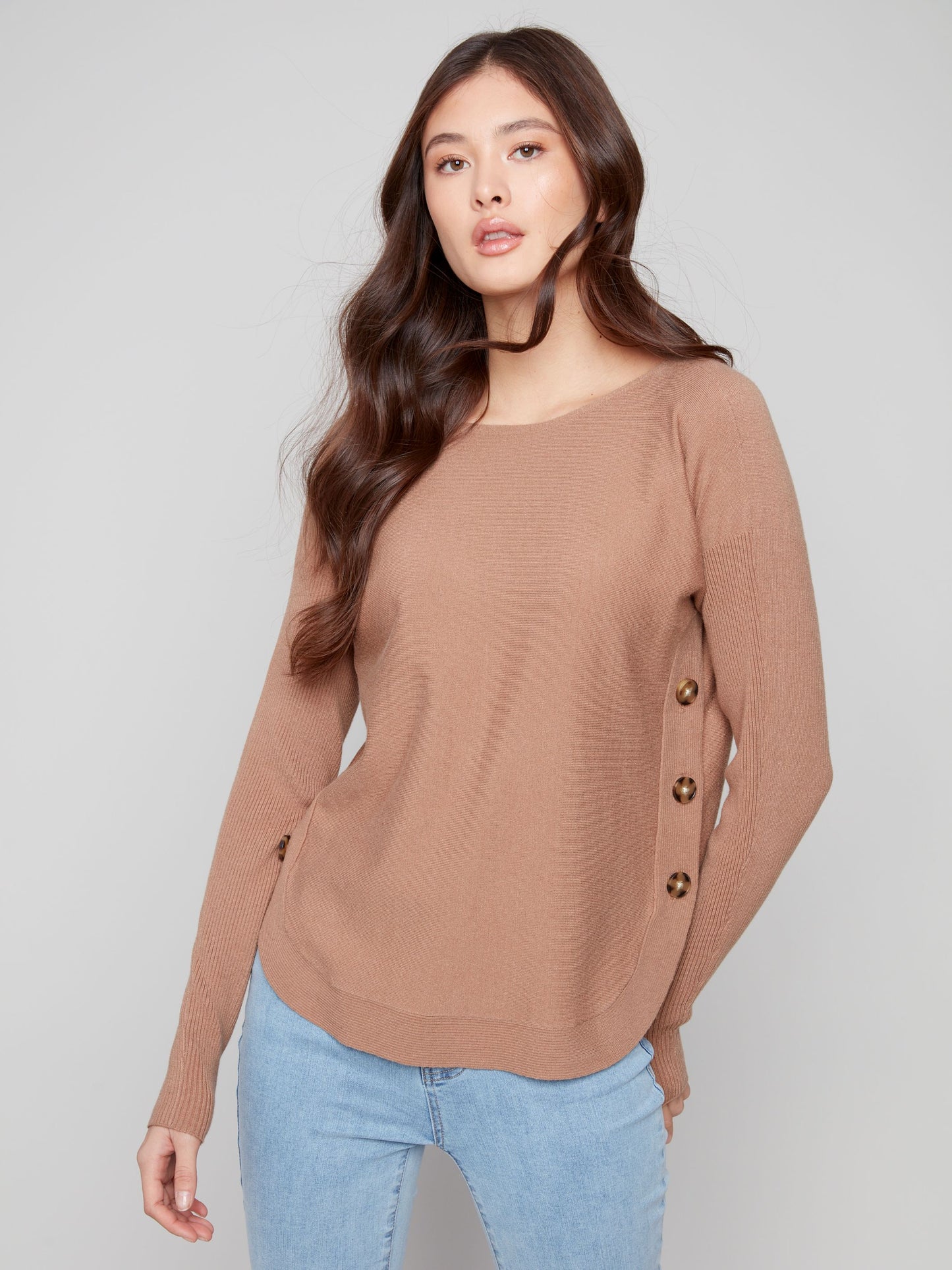 Long Sleeve Boat Neck Side Button Detail