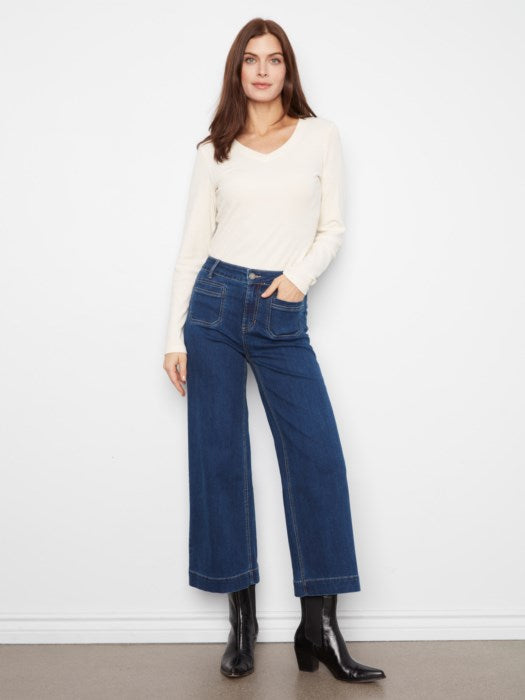 Cropped Insert Pocket Wide Leg Stretch Denim Pants