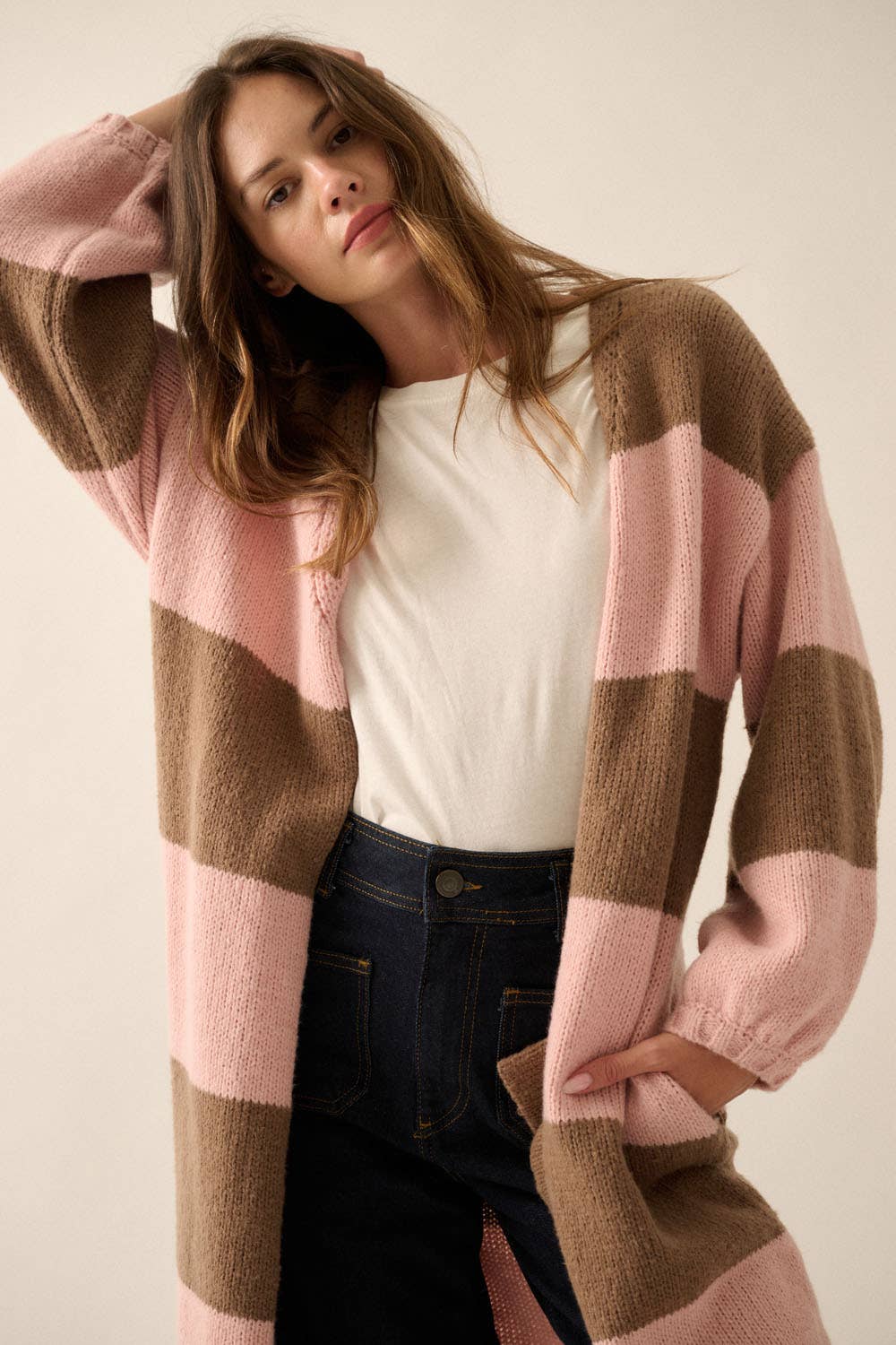 Striped Knit Open Cardi