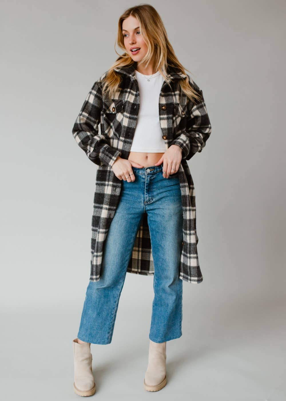 Black & Cream Plaid Long Flannel