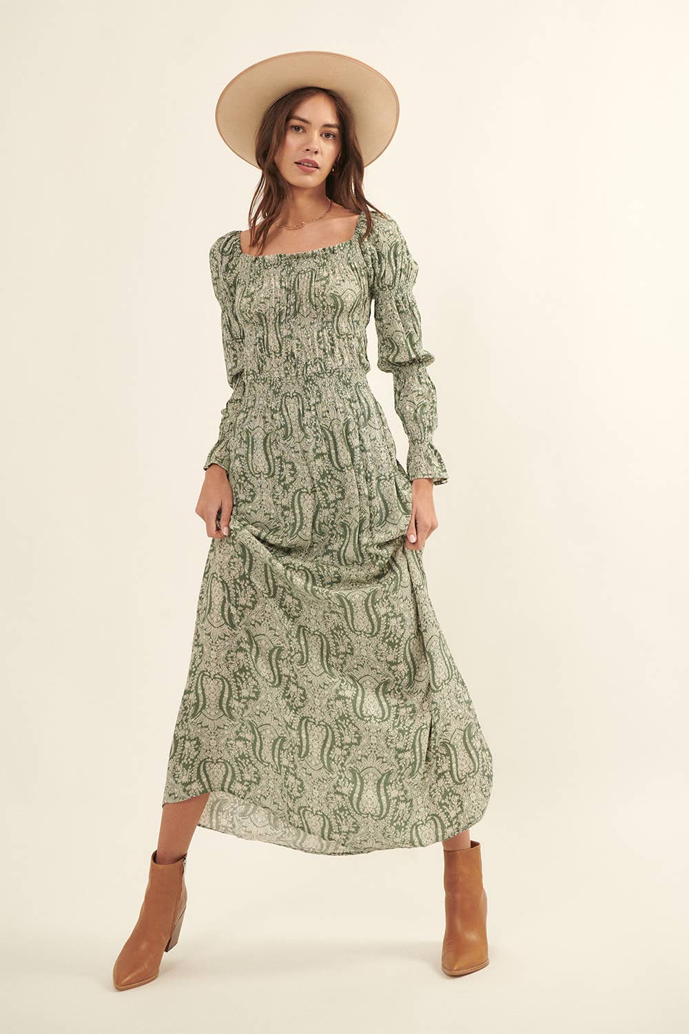 Paisley Square Neck Long Sleeve Maxi Dress