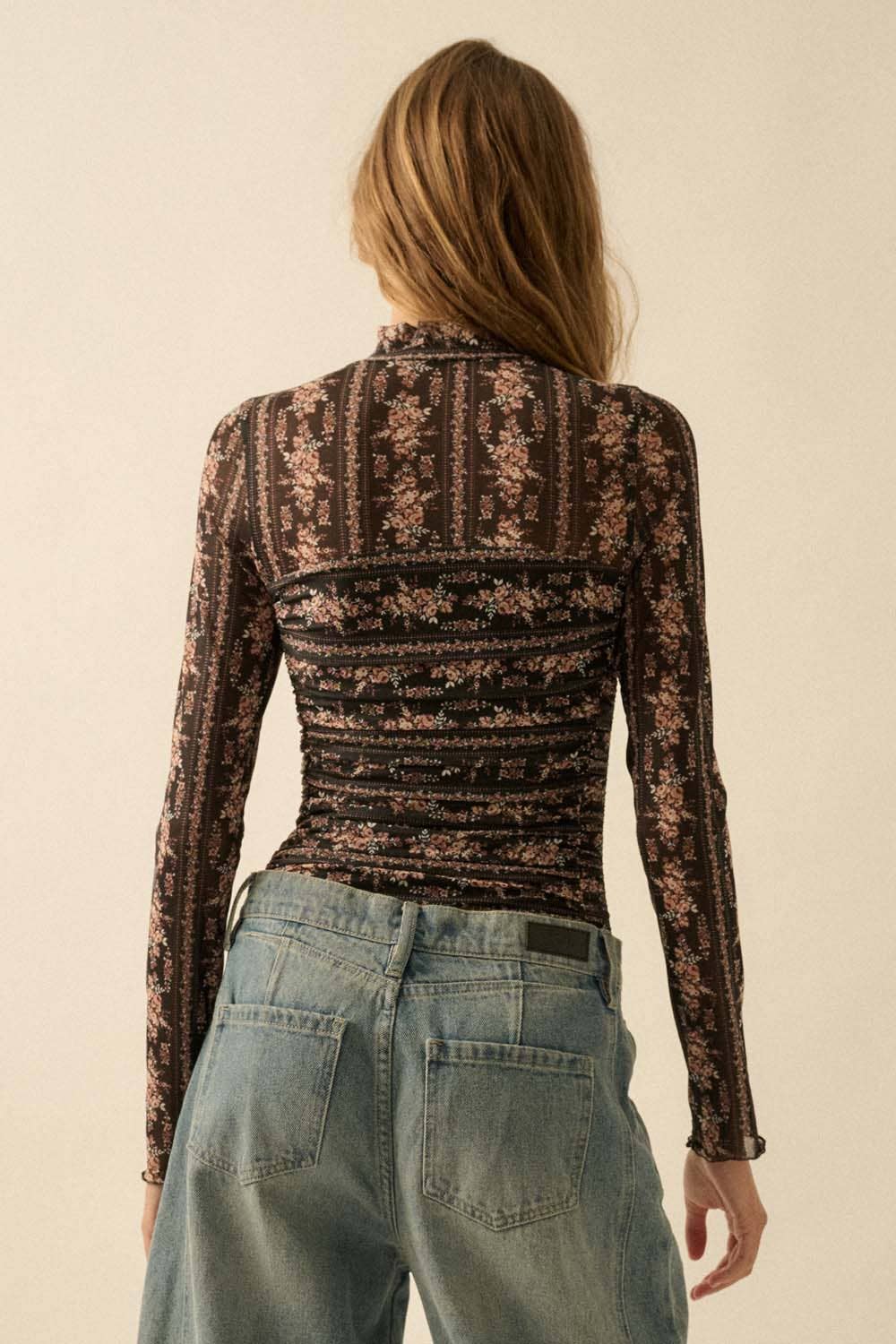 Floral-Print Mesh Ruched Mock-Neck Bodysuit