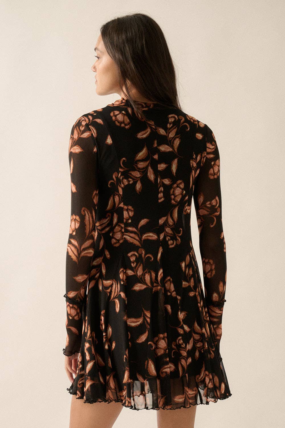 Floral Mesh Long-Sleeve Pleated Skater Mini Dress