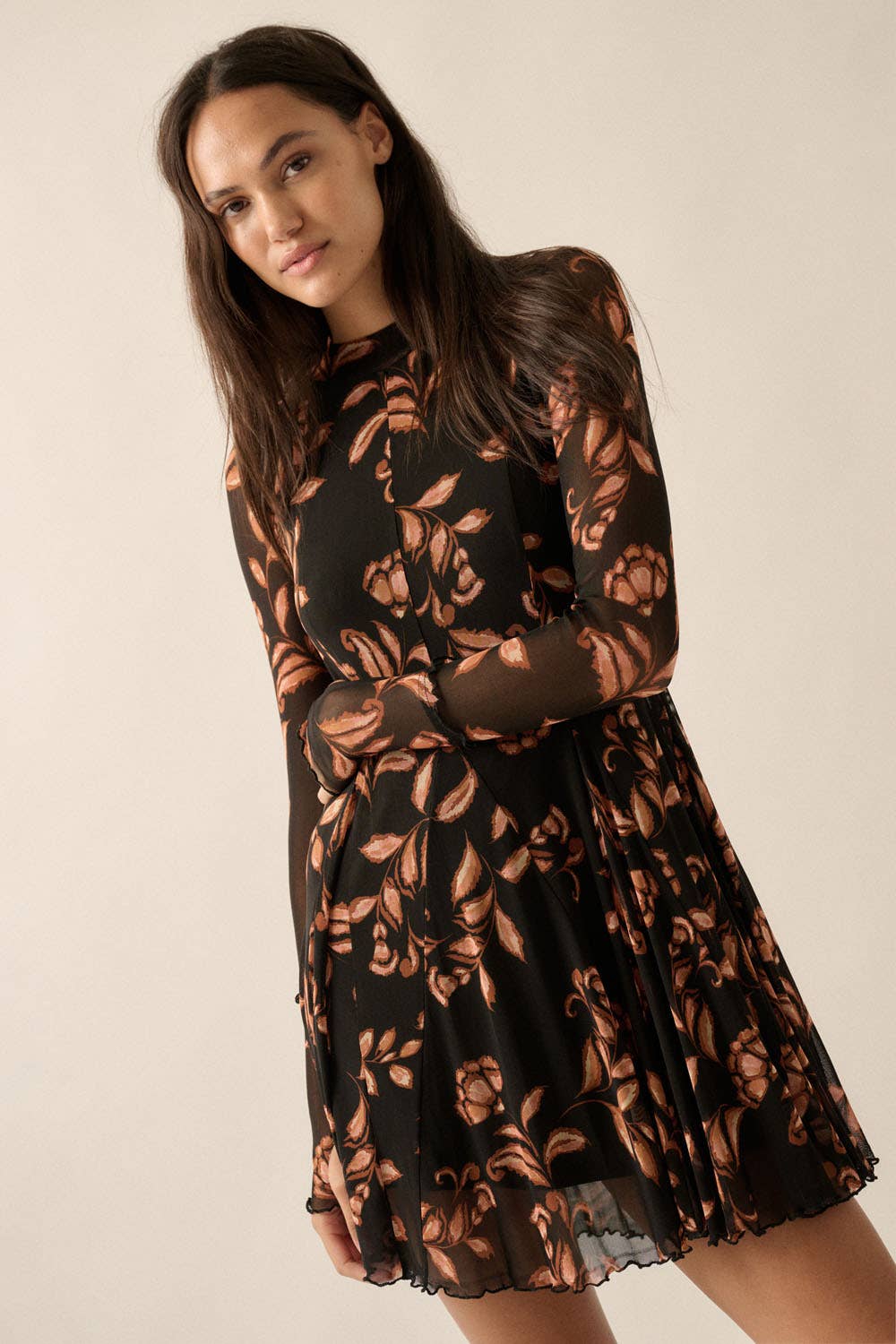 Floral Mesh Long-Sleeve Pleated Skater Mini Dress