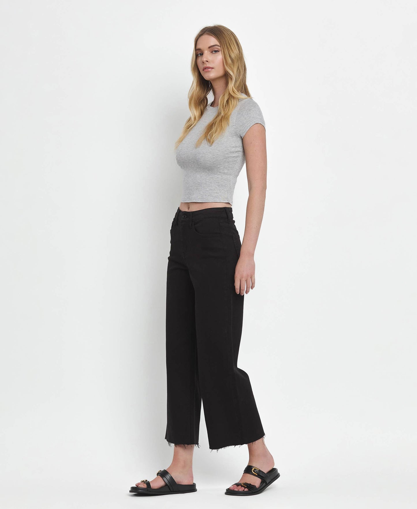 HIGH RISE BLACK CROP WIDE LEG JEANS