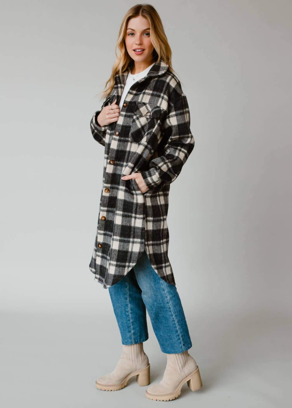 Black & Cream Plaid Long Flannel