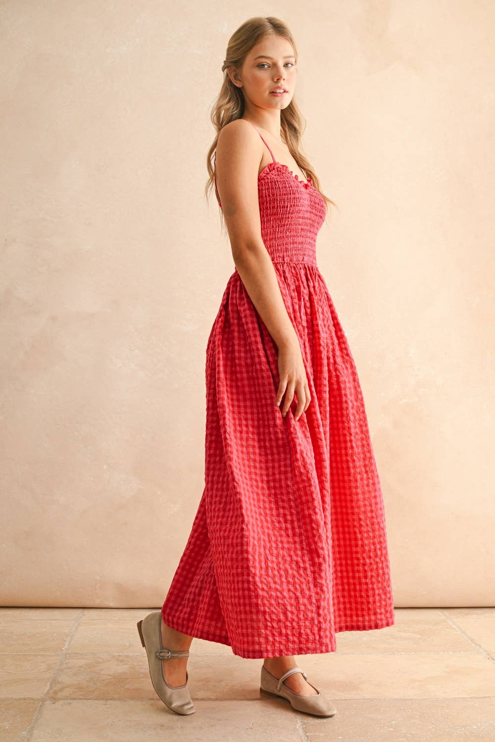GINGHAM PRINT LONG DRESS