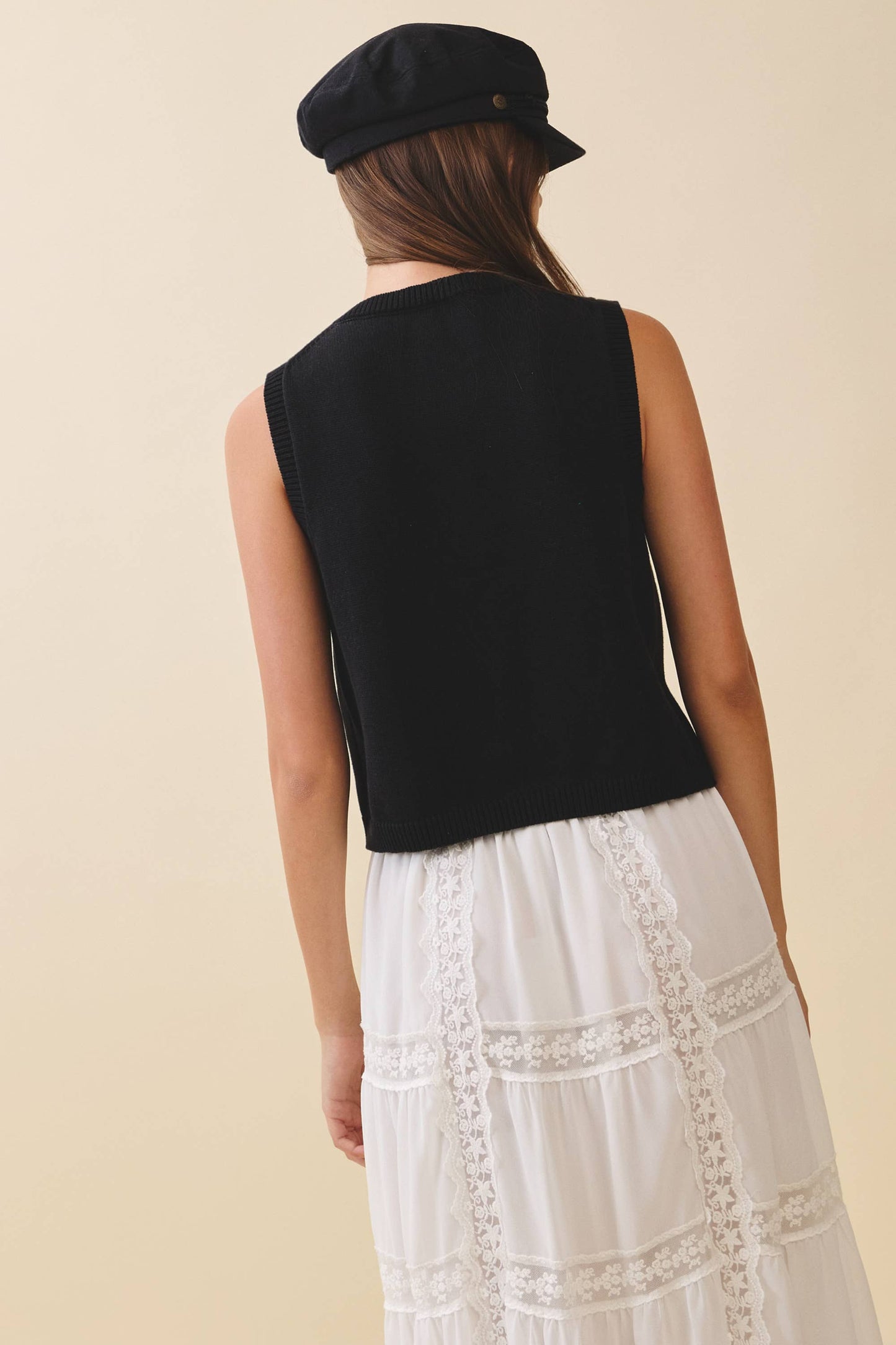 Button Front Knit Vest Top Black