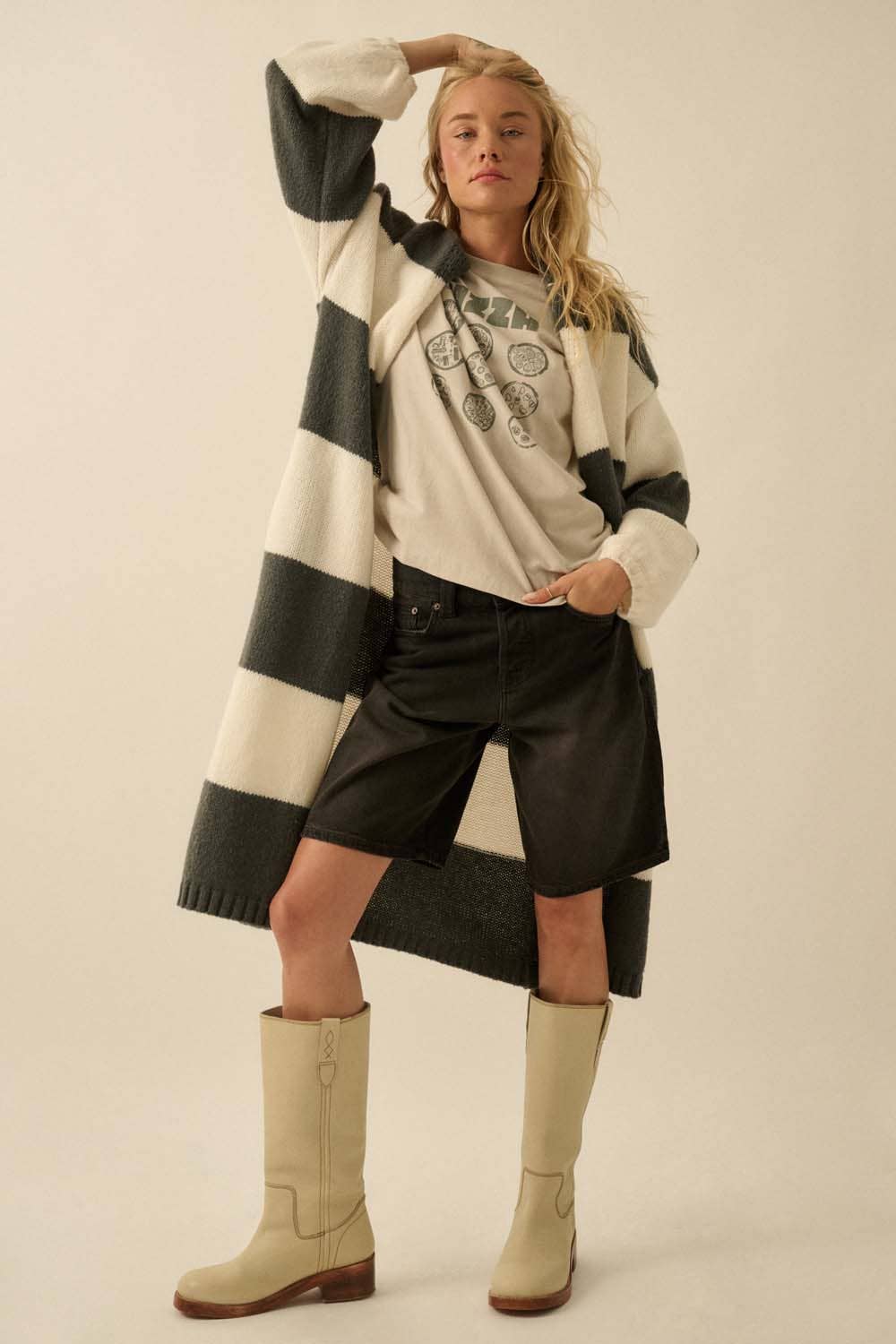 Striped Knit Open Cardi