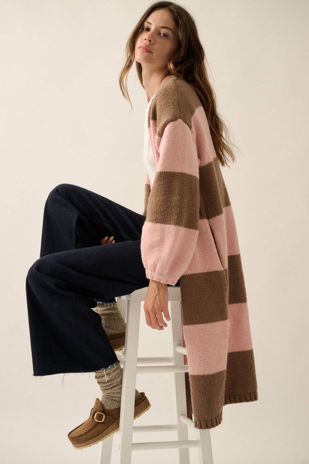 Striped Knit Open Cardi