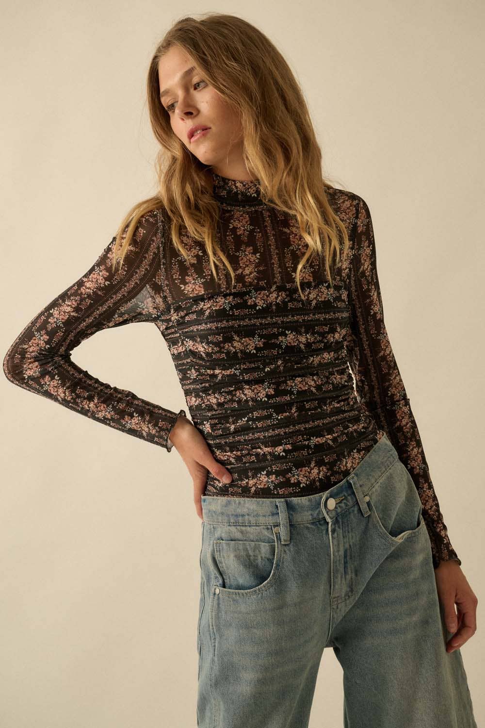 Floral-Print Mesh Ruched Mock-Neck Bodysuit