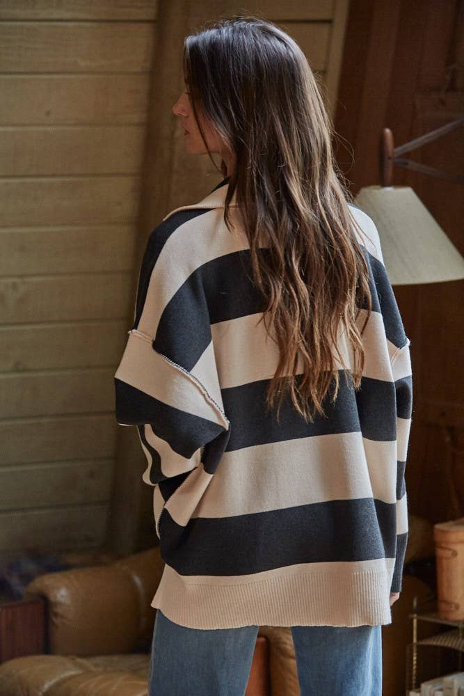 Knit Striped Half Zip Up Top Black Combo