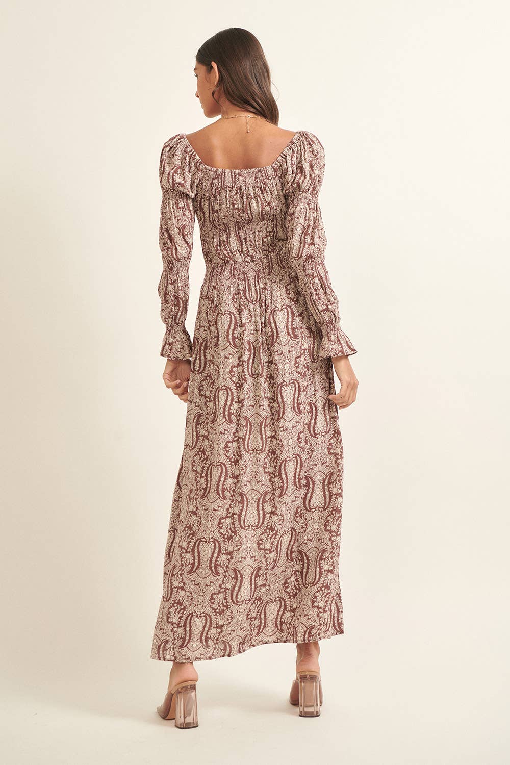 Paisley Square Neck Long Sleeve Maxi Dress