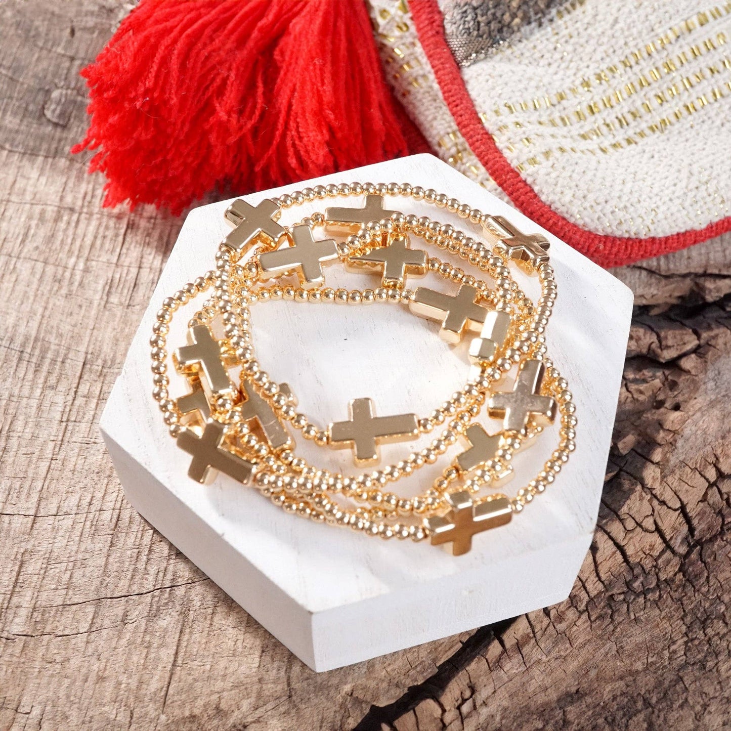 Gold Tone Sideways Cross Bracelet Set of 5