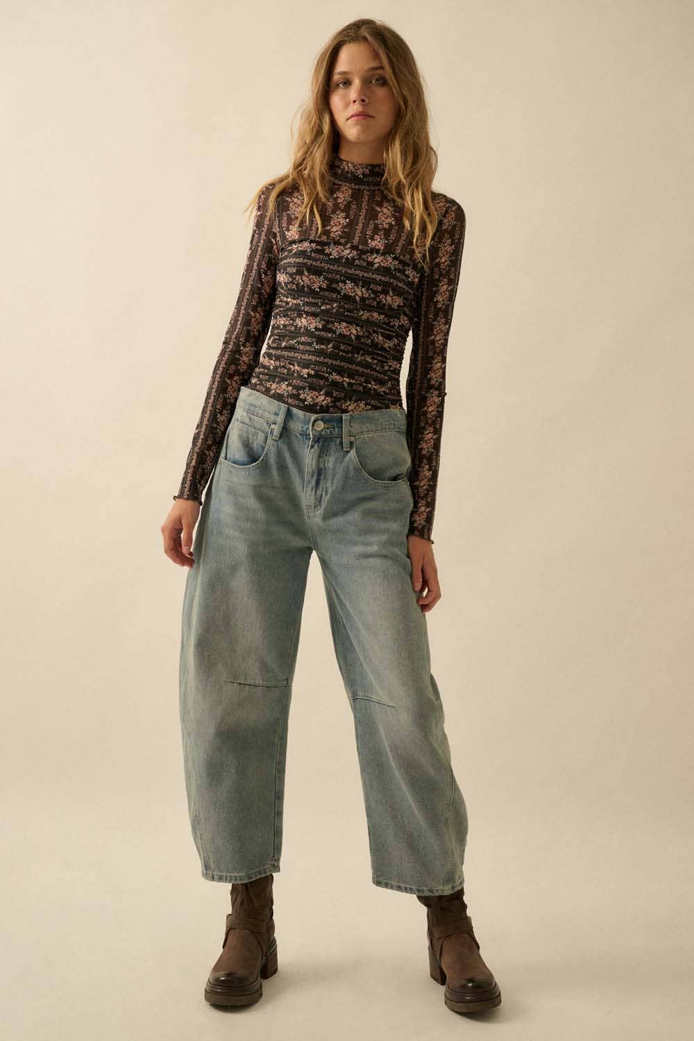Floral-Print Mesh Ruched Mock-Neck Bodysuit