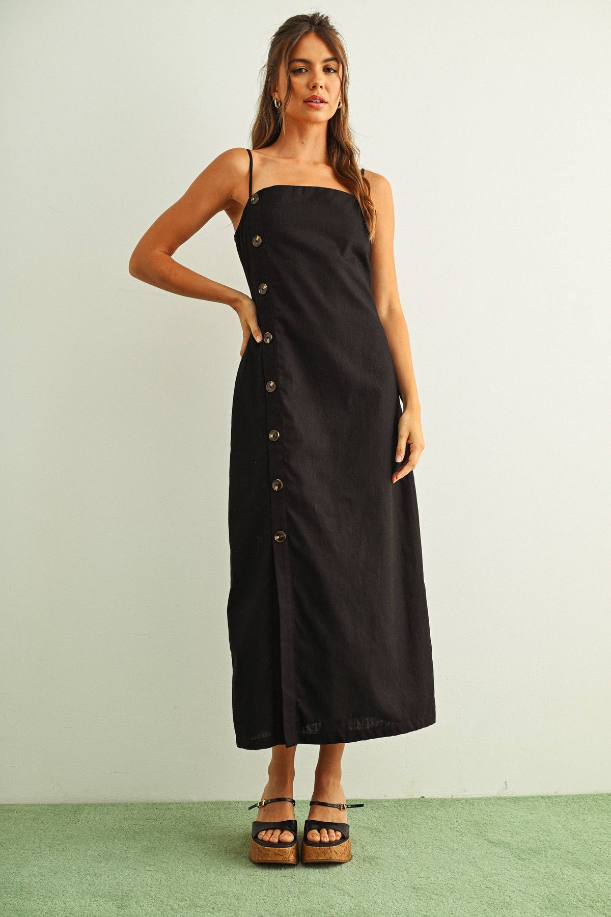 Button Detail Long Linen Dress in Black