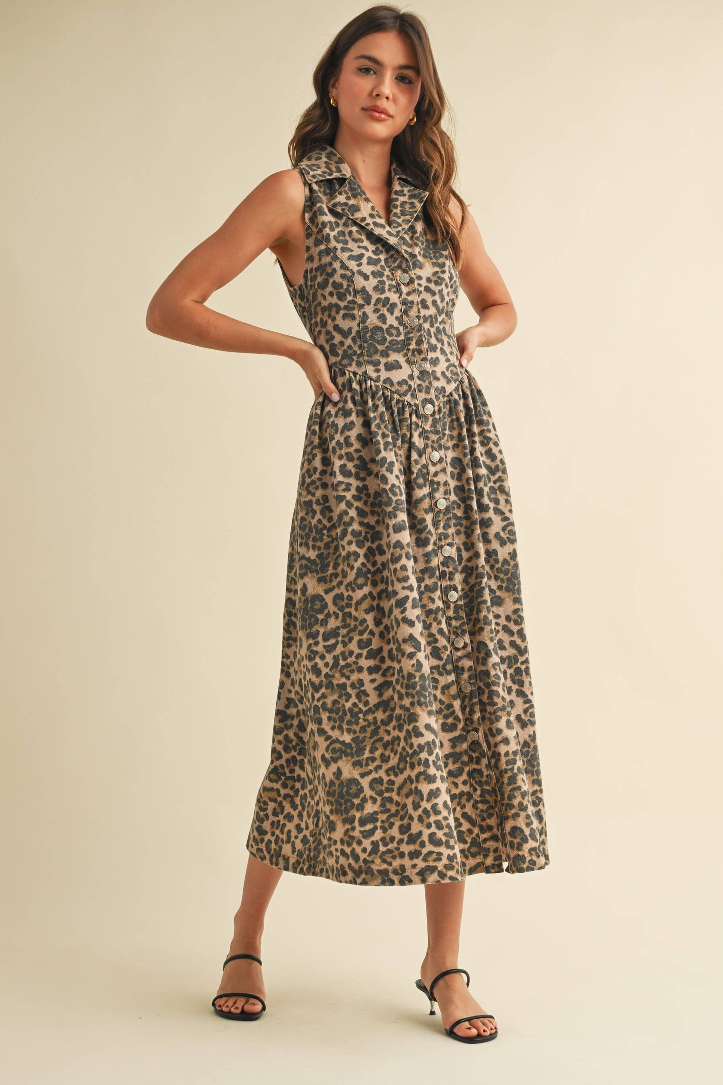 LEOPARD DENIM COLLAR FLARED MIDI DRESS