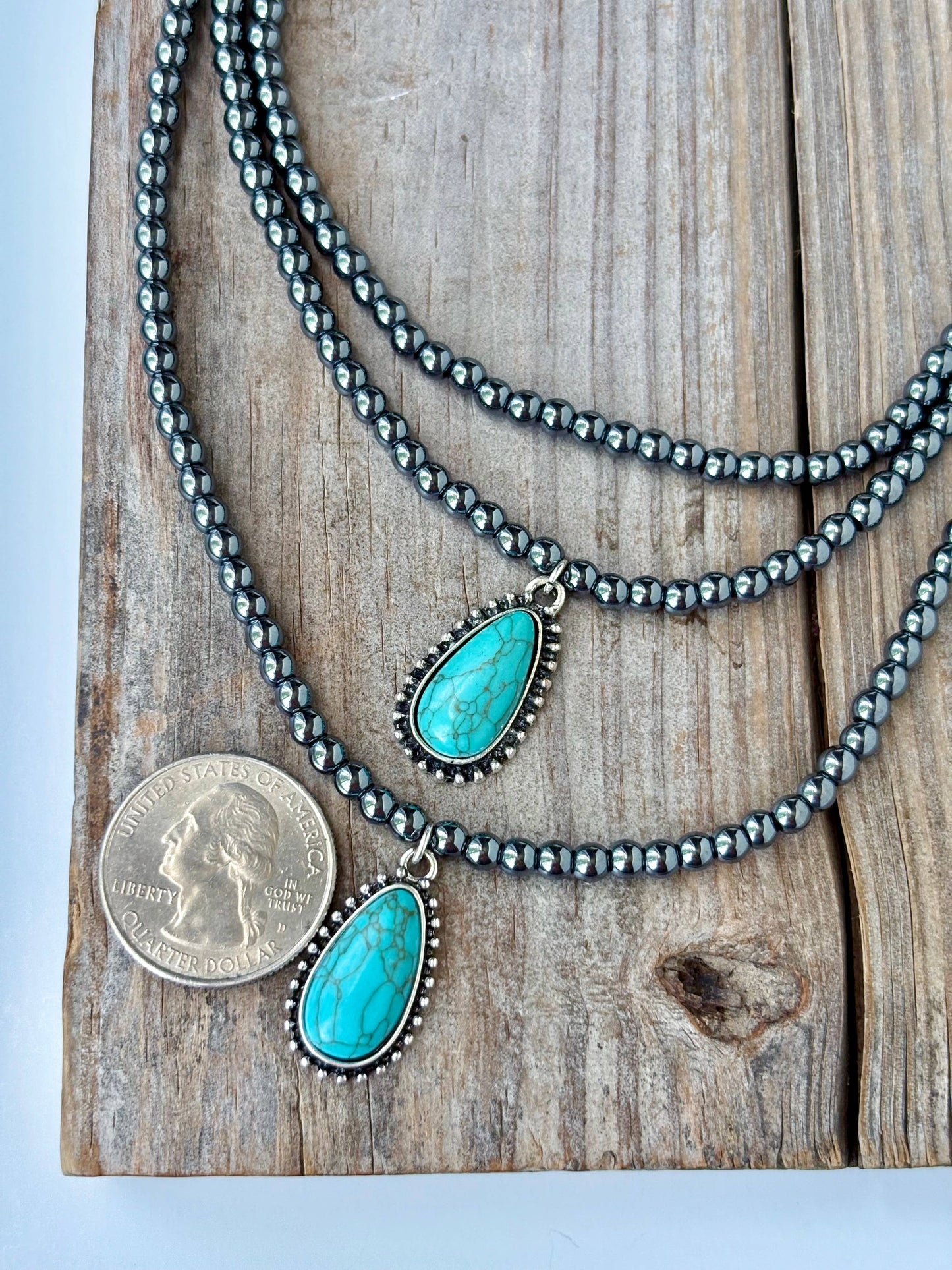 3 Layer Beaded Necklace w/ Teardrop Turquoise