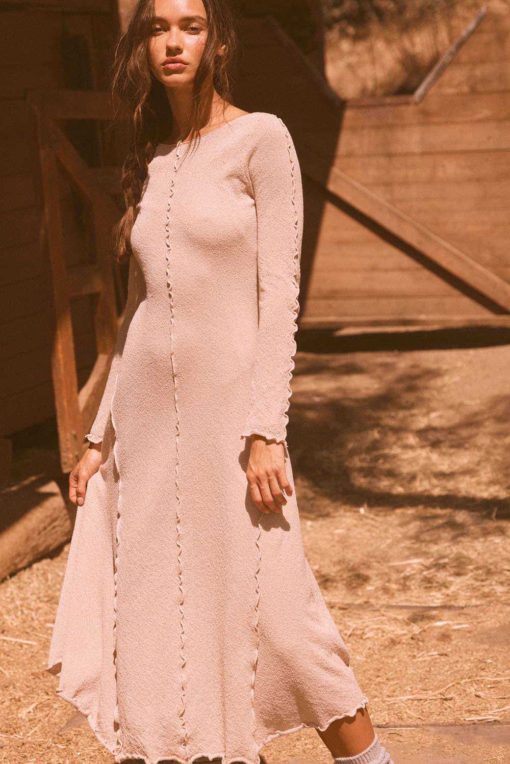 Textured Long-Sleeve Midi Dress