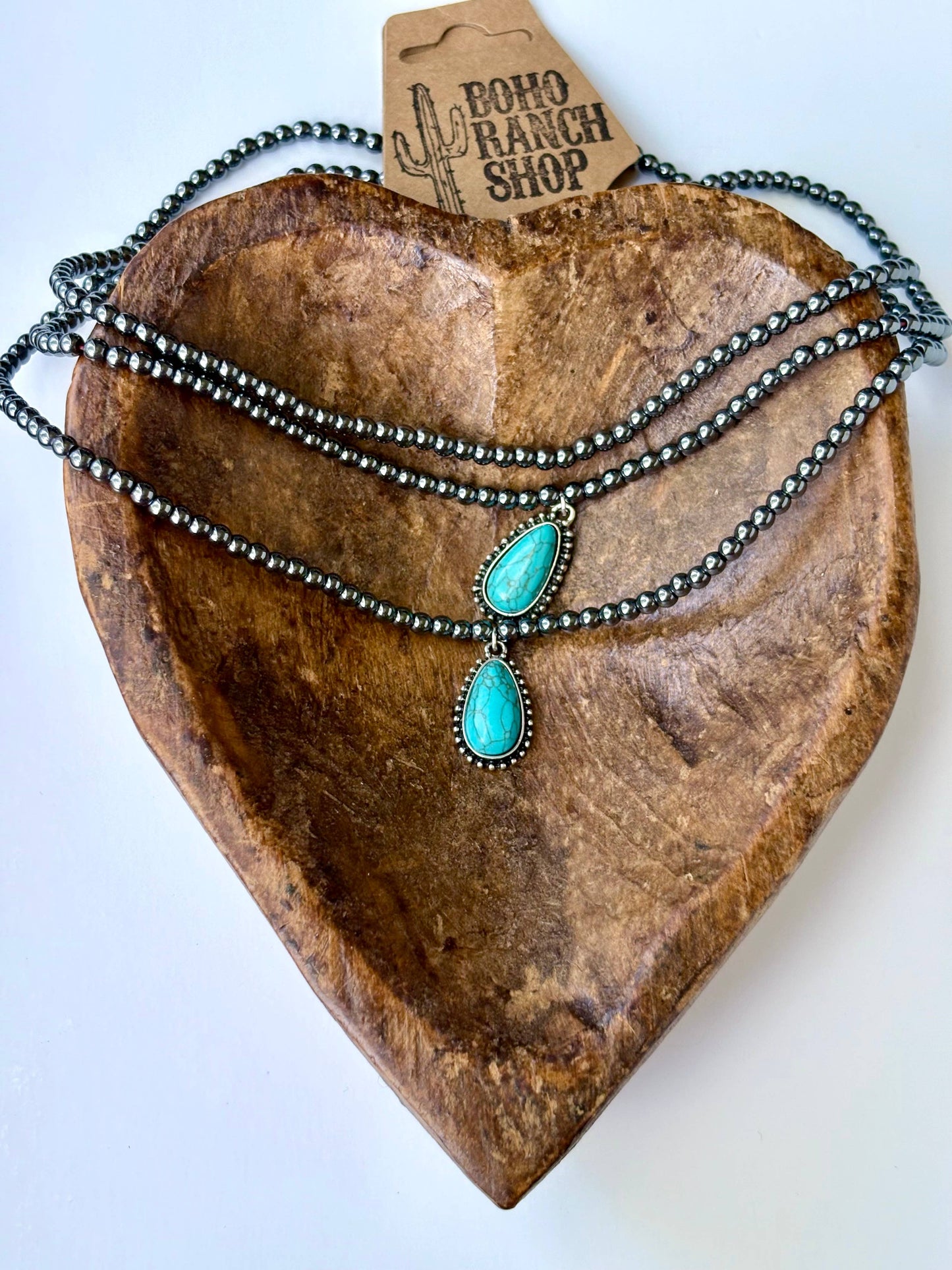 3 Layer Beaded Necklace w/ Teardrop Turquoise