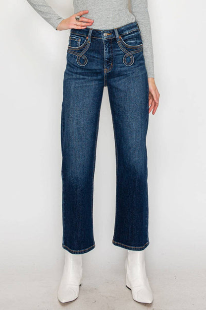 High Rise Straight   Western Detail Design Jeans