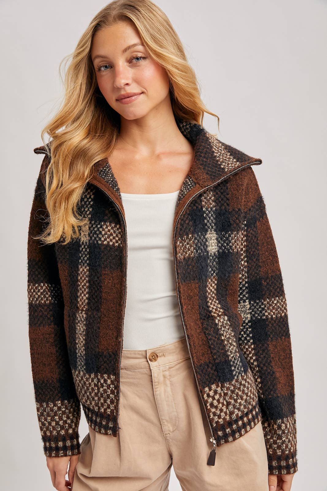 Plaid Wide Collar Zip Sweater