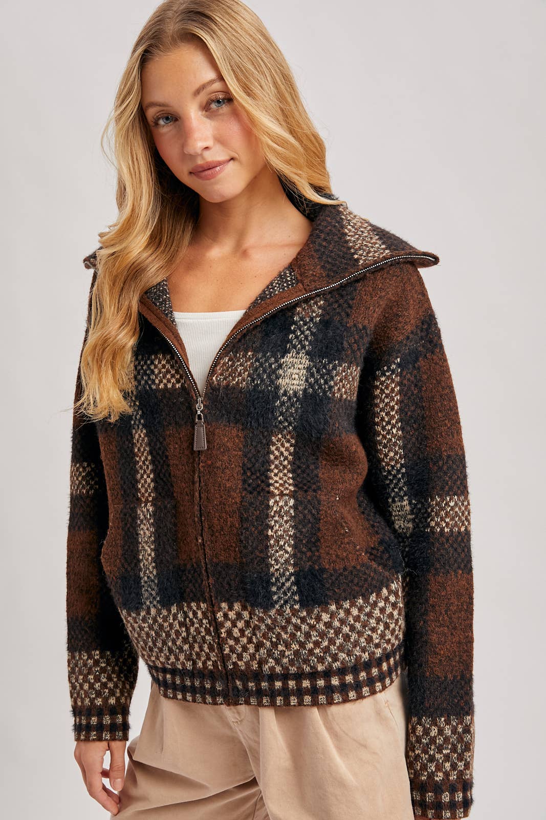 Plaid Wide Collar Zip Sweater