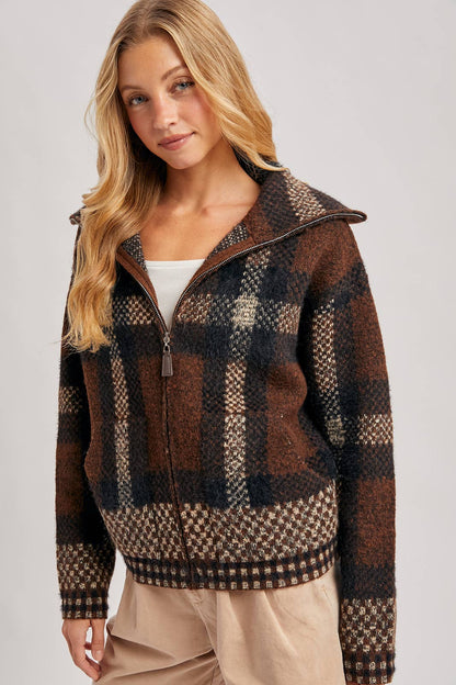 Plaid Wide Collar Zip Sweater