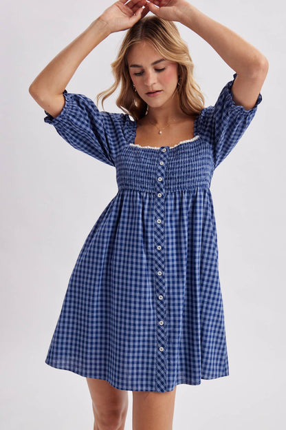 Gingham Smocked Babydoll Dress Blue