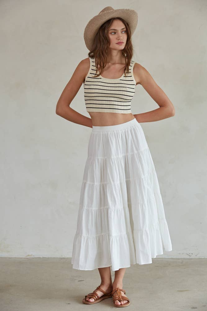 Woven Cotton Flare Ruffled Midi Skirt