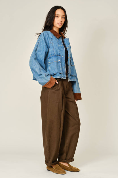 AJJ6209 CORDUROY CONTRAST A-LINE DENIM JACKET