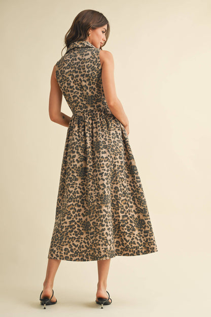 LEOPARD DENIM COLLAR FLARED MIDI DRESS