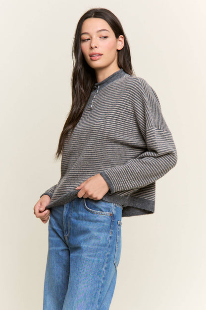 Striped Henley Knit Sweater