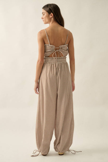 Gingham Plaid Open-Back Bubble-Leg Cami Jumpsuit