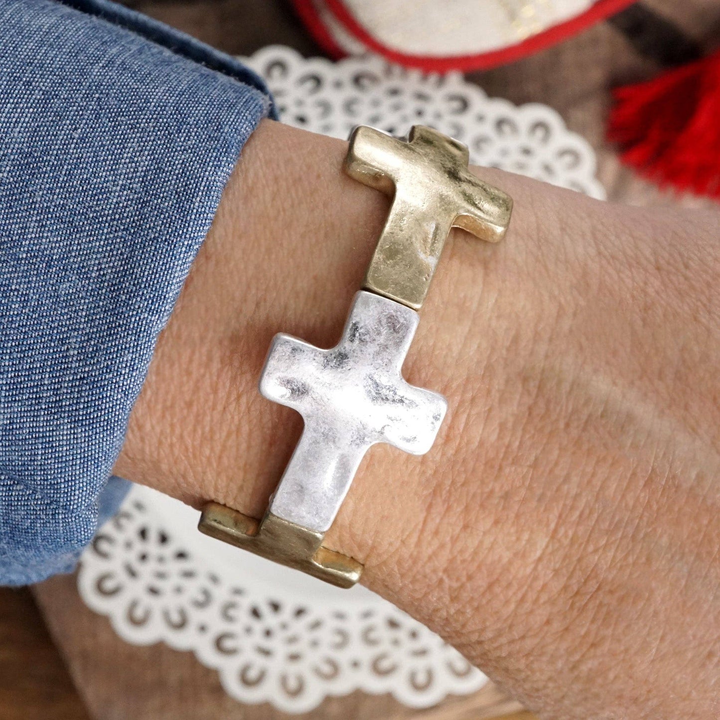 Cross Bracelet Silver Gold Tone Boho Bracelet