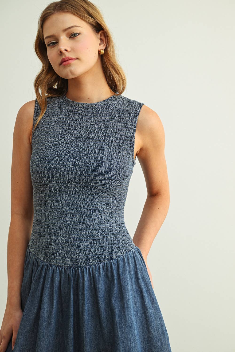SMOCKED TOP DENIM LONG DRESS