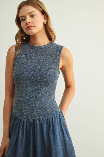 SMOCKED TOP DENIM LONG DRESS