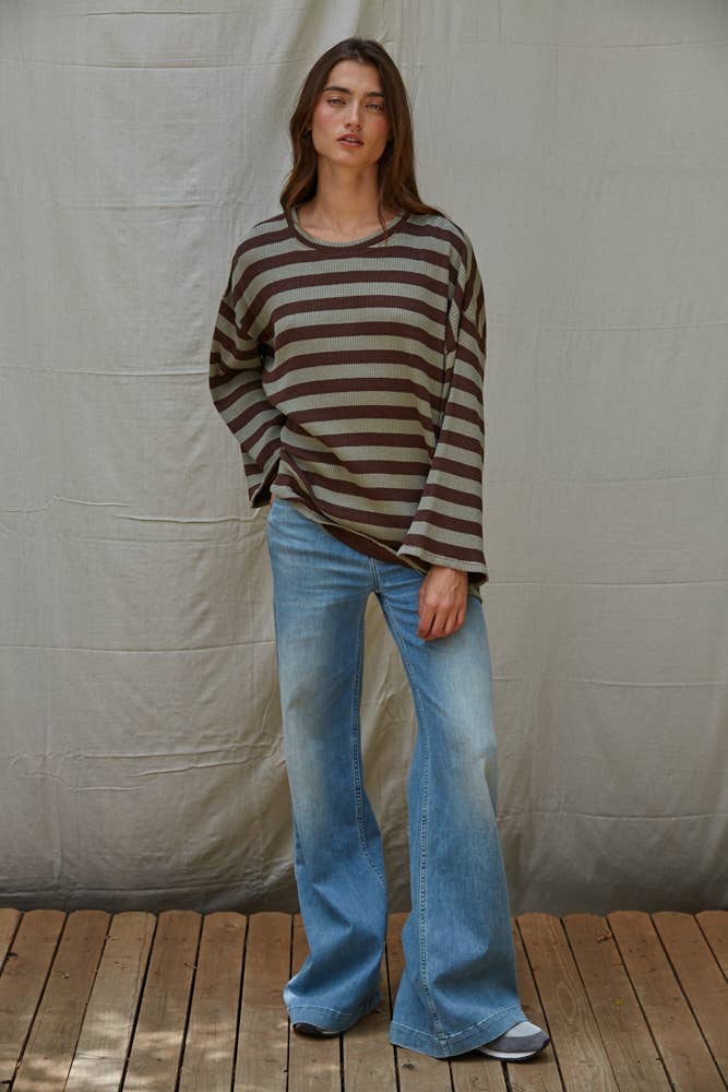 Knit Ribbed Striped Long Sleeve Pullover
