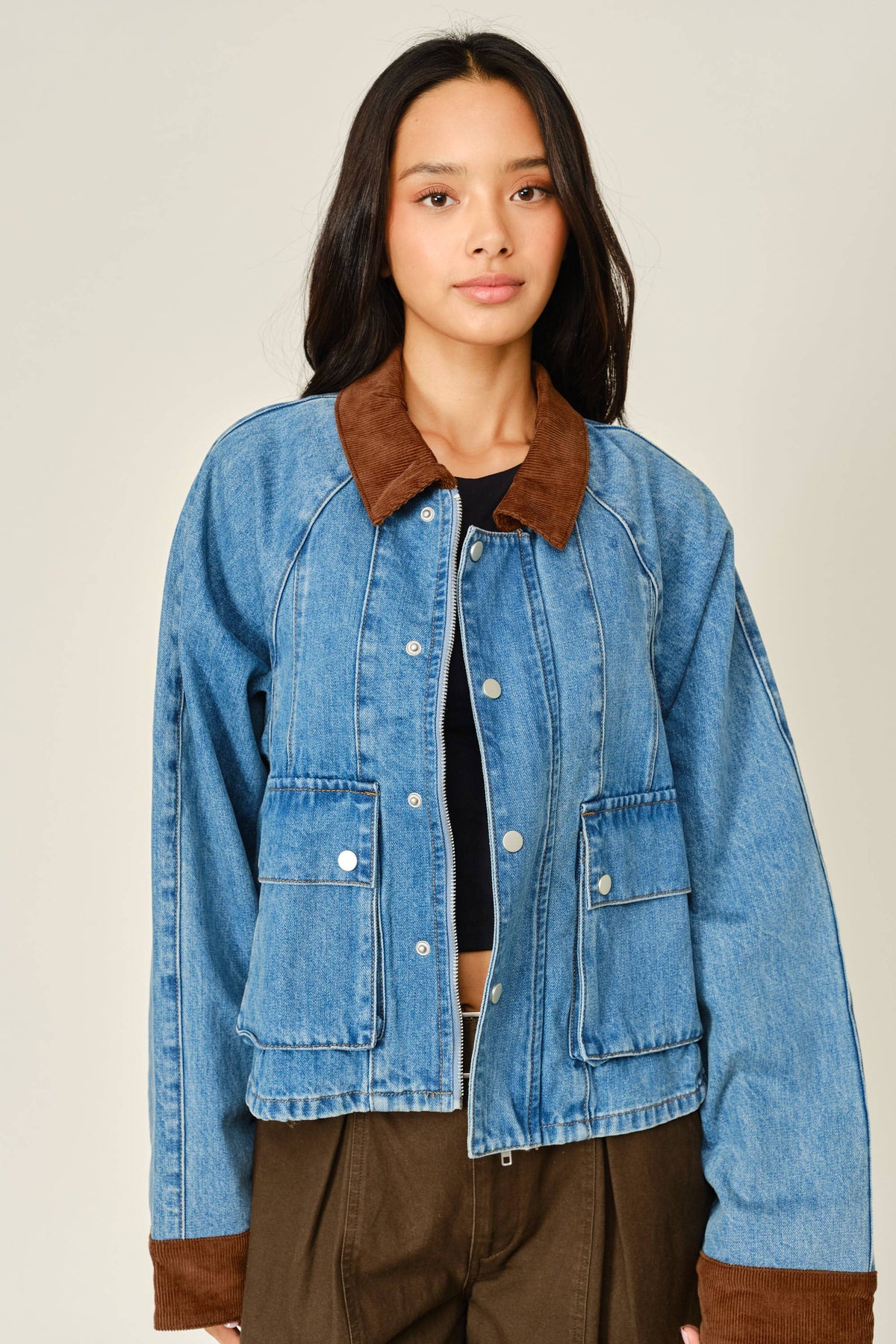 AJJ6209 CORDUROY CONTRAST A-LINE DENIM JACKET