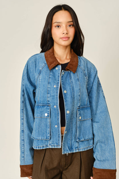 AJJ6209 CORDUROY CONTRAST A-LINE DENIM JACKET